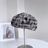 Boina de Metal com Logo Xadrez Retro Japonês, Chapéu de Artista Estilo Outono Artístico, Chapéu de Abóbora Casual para Mulheres