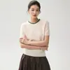 26 Novo tricô liso de gola redonda com mangas curtas, 35% cashmere, com acabamento em strass, tricô de manga curta moderno e versátil