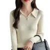 Suéter de punto con cuello polo para mujer, color liso, nuevo estilo coreano, elegante, adecuado para usar en capas, negro, talla única, algodón