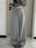 Calça de Moletom Esportiva Cinza Estilo Americano Feminina Outono Novo Camada Dupla Cintura Alta Versátil Casual Perna Larga Caimento Fluido Perna Reta Calça Longa