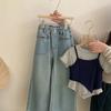 Ropa Coreana para Niños Trajes para Niñas 2025 Moda Infantil Tops de Dos Piezas Falsas a la Moda, Pantalones de Pierna Ancha y Jeans para Niñitas a la Moda