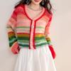 Suéter de mujer europeo y americano de comercio exterior transfronterizo, otoño e invierno, nuevo, arcoíris en contraste, retro chic, manga farol de alta gama, lana