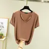 Blusa Manga Curta Decote V Fina de Modal Feminina Verão Tamanho Grande Camiseta Básica Solta Emagrecedora Cor Sólida Blusa T-shirt