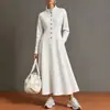 Desejo loja independente: Coleção Outono/Inverno transfronteiriça europeia e americana - vestido elegante, de mangas compridas, com botões, gola alta, cintura marcada e saia longa e fluida