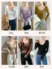 Camiseta Básica de Fibra de Coco Plisada de Cuello en U Grande H257 para Otoño e Invierno, Camiseta con Capa Interior Cepillada, Manga Larga, Corte Ajustado, Ceñida a la Cintura, Top que Cubre el Cuerpo