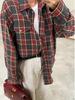 Amazon Ozon Blusa Transfronteriza Estilo Retro Suelta Primavera 2024, Otoño e Invierno Cuadros Rayas Manga Larga Bolsillo con Solapa Pantalón Camisa