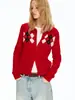 Cárdigan de punto vintage rojo con cuello redondo y patrón de rombos para mujer, estilo francés de otoño e invierno, tacto de alta gama, suéter exterior jacquard color-blocking
