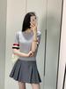 TB Primavera e Verão Novo Tricotado Manga Curta Gola Redonda Feminino Pequeno Estilo Chanel Emagrecimento Combina com Tudo Punho Fita Tricolor Manga Curta