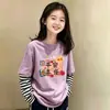 Camiseta de manga larga de dos piezas de imitación para niñas 2026 primavera/otoño elegante camiseta básica de algodón puro para niños mayores