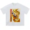 Camiseta estampada de manga curta, lavagem floral estilo americano, preto desgastado, corte solto oversized, design de anime moderno, ombro caído, manga curta