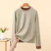 Outono e Inverno Terry Francês Listrado Gola Redonda Manga Longa Camisa Camada Base Feminina Novo Estilo Aveludado Espessado Camada Interna Solta Top Quente