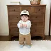 Conjunto de cárdigan a rayas azules y blancas para bebé de primavera y otoño, conjunto de dos piezas de punto y overol para niños y niñas, ropa para salir de bebé