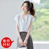 Cardigan de Verão com Decote V de Manga Curta Camisa de Cor Pura Camisa Feminina Camisa Casual Profissional Roupa de Verão 25 Anos Nova Blusa da Moda