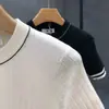 Nuevo Suéter de Punto Fino de Manga Corta para Hombre, Verano, Lujo Ligero, Bloques de Color, Delgado, Cuello Redondo, Versión Coreana de Verano