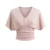 Camiseta feminina chic e estilosa estilo coreano, com mangas morcego, decote V e mangas 3/4, para o verão, com cintura marcada franzida, top de meia-manga 'hot girl'