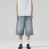 Jeans cropped de perna larga lavado estilo coreano de verão para homens e mulheres, corte solto, tamanhos grandes, silhueta emagrecedora, shorts retos, calças de comprimento médio da moda