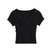 Playera Dulce de Oreja de Madera con Cuello en V para Mujer Verano 2025 Nuevo Encaje Puro Ajustado Adelgazante Combinable Manga Corta Top para Mujer