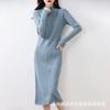Vestido de suéter de cachemira para mujer, otoño e invierno, alargado por encima de la rodilla, de pura lana, de punto, de corte ajustado, cuello alto medio, falda de punto.