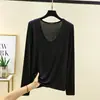 Camiseta Básica Modal de Manga Larga con Cuello en U, Camiseta Delgada y Elegante para Primavera y Otoño, Corte Ajustado, Ropa Interior de Moda para Mujer