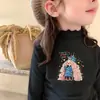 Roupa Íntima Plush Dupla Face Infantil Outono Inverno Camiseta Estilosa para Meninas Manga Longa Gola Meia Alta Top Quente com Barra Franzida