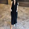 Vestido Negro Largo Asimétrico de Verano Estilo Francés con Cuello en V sin Mangas para Mujer con Temperamento de Alta Sociedad Yls