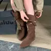 Botas de Mujer con Plataforma Plisada para Aumentar la Altura 2026, Elegantes y Modernas, Uso Bidireccional Otoño, Botines Retro de Media Pantorrilla, Botas Vaqueras Occidentales de Punta