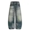 Jeans Scimitar Lavado Desgastado com Manchas de Tinta High Street Americano para Homens e Mulheres 2025 Novo Bonito Solto Calças com Efeito Emagrecedor