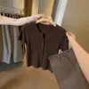 Camiseta de Tricô de Seda de Gelo Cor de Aveia Estilo Old Money com Manga Curta para Mulheres, Roupa de Verão Única e Bonita, Top de Caimento Perfeito