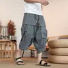 Calças Masculinas 7/8, Jacquard 8X, Estilo Chinês, Modelagem Solta, Padrão Rachado, Perna Larga, Tendência, Pregueadas, G, Calças Harem Irregulares