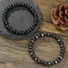 Pulsera Elástica de Piedra Volcánica Obsidiana Negra Cuentas Negras Moda Única Set de 2 Piezas para Hombres para Viajes y Vacaciones