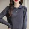 Top versátil de punto 100% algodón, nuevo estilo primavera y otoño, cuello polo, manga larga, color liso, corte holgado, camiseta interior adelgazante para mujer