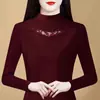 Moda Coreana Elegante Cuello Semi Alto Encaje Empalmado Diamante Caliente Calado Manga Larga Terciopelo Alemán Prenda Interior Reductora de Edad Cubre Vientre Camiseta Térmica Superior