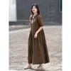 Vestido de Verano Nuevo Estilo Vintage de Algodón y Lino Color Tejido Retro Suelto con Volantes Cuello en V Juvenil de Longitud Media para Mujer
