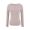A1061-26 Moda Outono Estilo Coreano Fashionável Individual Gola Redonda Manga Longa Listrado Slim Fit Top Camiseta Atacado Camisa Base
