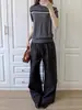 Camiseta de punto de manga corta a rayas gris oscuro, estilo retro universitario, para hombre y mujer, top corto de verano con cuello redondo y hombro normal