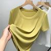 Camiseta Modal de Manga Curta para Mulheres 2025 Nova Camiseta Feminina de Decote Redondo e Cor Pura com Aba Larga Cintura Elástica Top Justo