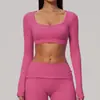 Novo top esportivo Zechuang escovado com gola U, elástico, justo ao corpo, comprimento até o peito, roupa curta para fitness, manga longa 9599