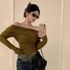 Camiseta Térmica de Veludo Manga Longa Assimetrica Curta One-Shoulder Slim Fit Estilo Hot Girl para Mulheres, Início do Outono 2026