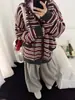 Cárdigan de Punto con Capucha Rayado Retro Estilo Coreano para Mujer Otoño Invierno Nuevo Holgado Estilo Perezoso Versátil Abrigo Suéter