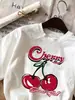 Camiseta Estampada de Cerezas Cuello Redondo Manga Corta Top para Mujer, Wo
