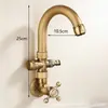 Grifo de Pared Estilo Europeo Todo Cobre para Patio Exterior Jardín, Agua Fría Única, Doble Salida, Giratorio, Grifo Vintage, Apertura Rápida