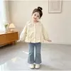 Jaqueta Feminina Primavera e Outono Jaqueta Floral com Gola Boneca Renda na Barra Bebê Menina Top Cropped Estiloso Roupa Infantil