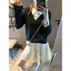 Camisa Mochie Estilo Intelectual Color Block com Lapela e Suéter de Lã Tricotado Falso Duas Peças Emagrecedor Mq1871