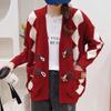 Jaqueta Cardigan Vintage Estilo Floresta com Botão de Chifre Cor Contrastante Padrão Diamante Cobre o Quadril Casual Estiloso Solto Versátil Top de Tricô