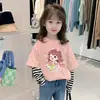 Camiseta de Manga Larga de Algodón Puro Primavera y Otoño Nuevo Estilo para Niños Medianos y Grandes Cuello Redondo Camiseta Base Niñas Holgada Moda Rayas Versátil Moderna Camiseta