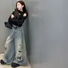 Camiseta base de moda para niña sin hombros, camiseta de manga larga ajustada, jeans vintage modernos rotos, elegante conjunto de dos piezas