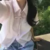 Chique Coreano Verão Listras Bolha Manga Curta Botão Único Gravata Camisa Blusa Novo Estilo Coreano Moda Feminina