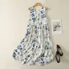Vestido Chaleco de Algodón Floral Retro para Mujer Verano Estampado Artístico Cintura Alta Dobladillo Ancho Vestido Adelgazante