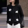 Cárdigan suéter de jacquard negro, chaqueta tejida elegante para mujer, de dibujos animados versátil para el trabajo, juvenil imitación
