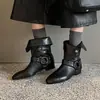 Botas populares de este año botines con hebilla retro para mujer 2026 invierno punta fina tacón bajo botas estilo western botas de mujer color café